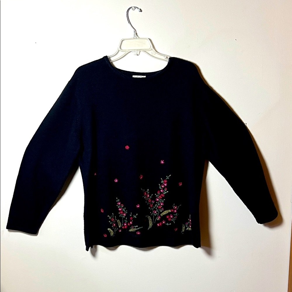 Vintage Cynthia Taylor Size 1X Black Long Sleeve Hand Embroidered Floral Sweater